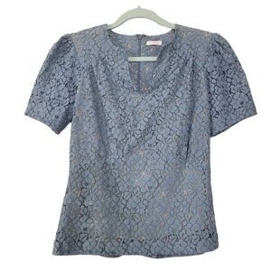Lily Ashwell Blue Eyelet Floral Blouse Sz S/XS Cotton‎ Silk Cottagecore Romantic